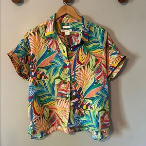 C&C California 100% LINEN Women's Large Colorful Button Short Sleeve Shirt